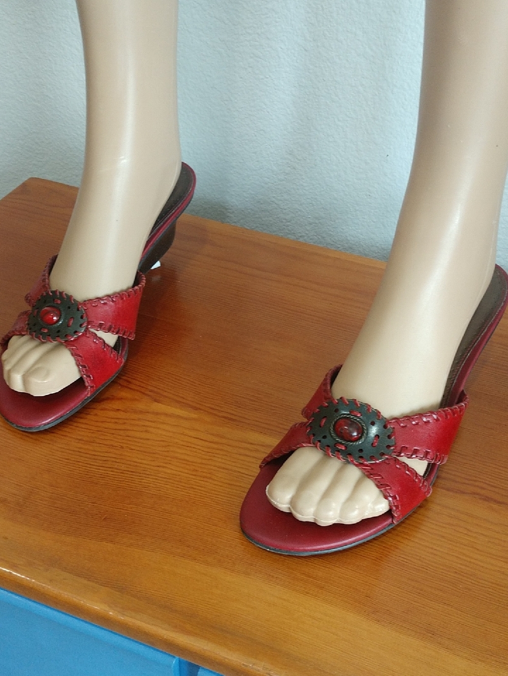 Naturalizer Red Leather Slide Mules with Decorative Medallion